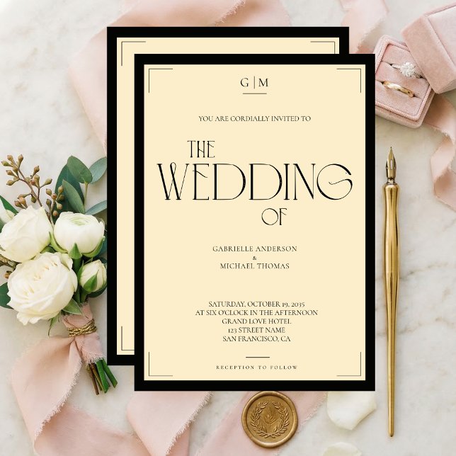 Convite de Casamento Art Déco Preto e Creme Elegan (Criador carregado)