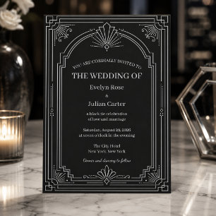 Convite de Casamento Art Déco Preto Ônix Arqueado