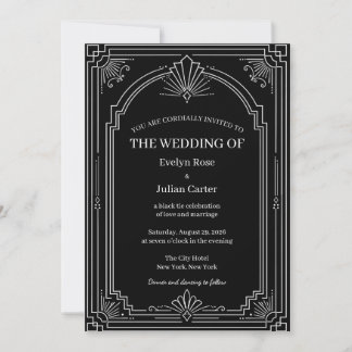 Convite de Casamento Art Déco Preto Ônix Arqueado