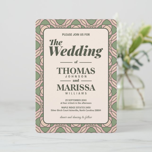Convite de Casamento Art Déco Verde Sage com Códig (Em pé/Frente)