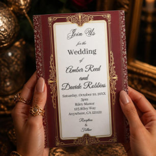 Convite de casamento Art déco vermelho e dourado