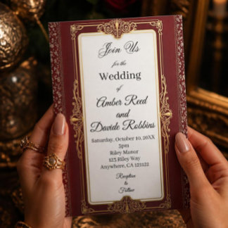 Convite de casamento Art déco vermelho e dourado