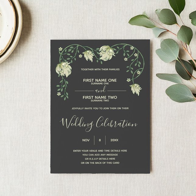 Convite de casamento Art nouveau (Art nouveau wedding invitation with green script and vintage style floral top frame)