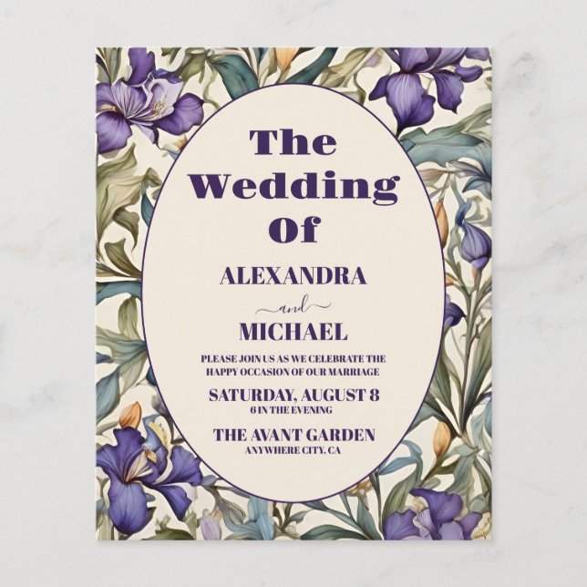 Convite de Casamento Art Nouveau com Íris Roxa Orç (Frente)