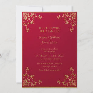 Convite de Casamento Art Nouveau Dourado e Carmesi
