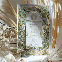 Convite de Casamento Art Nouveau Elegante com Folh