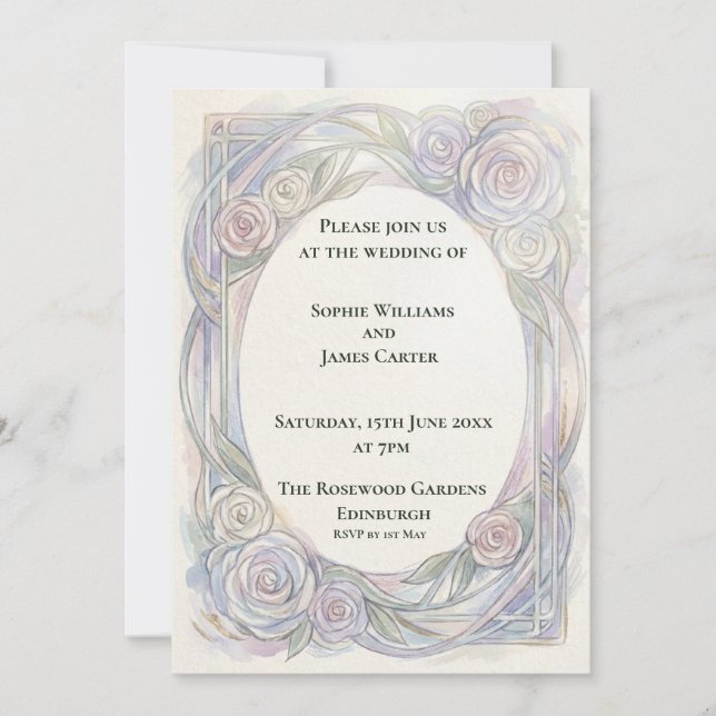 Convite de Casamento Art Nouveau Rosa Pastel (Frente)