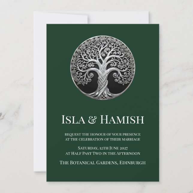 Convite de Casamento Árvore Celta Verde Floresta E (Frente)