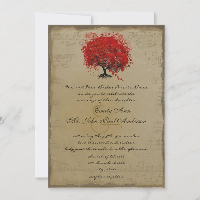 Convite de Casamento Árvore Coração Vermelho Doura (Frente)