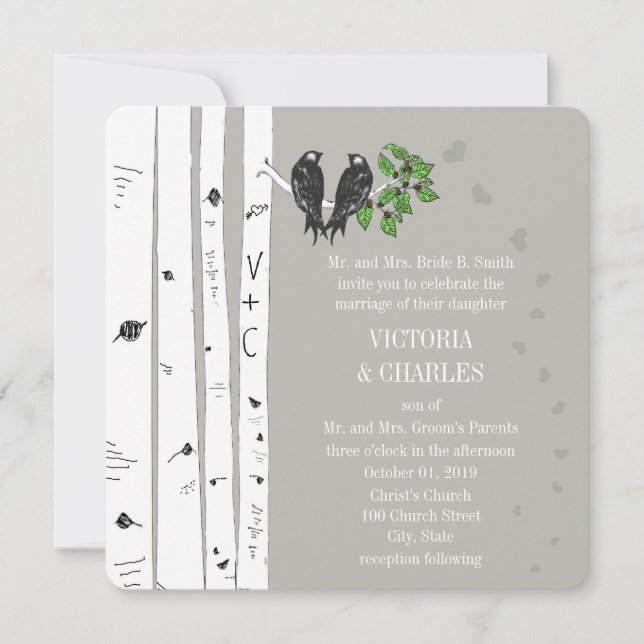 Convite de Casamento Árvore de Bétula Nuvem Prata  (Frente)