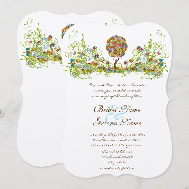 Convite de Casamento Árvore do Amor Flor Patchwork (Frente/Verso)