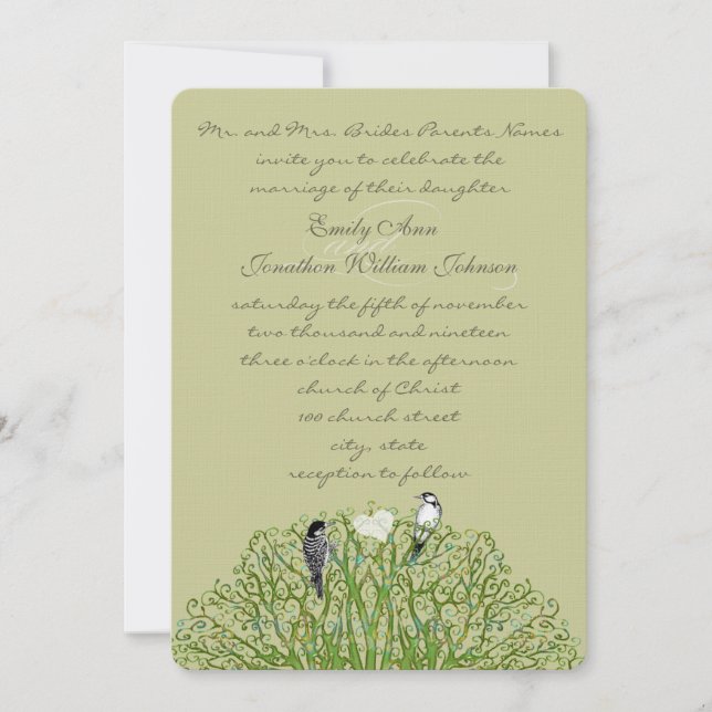 Convite de Casamento Árvore Redemoinho Verde Pássa (Frente)