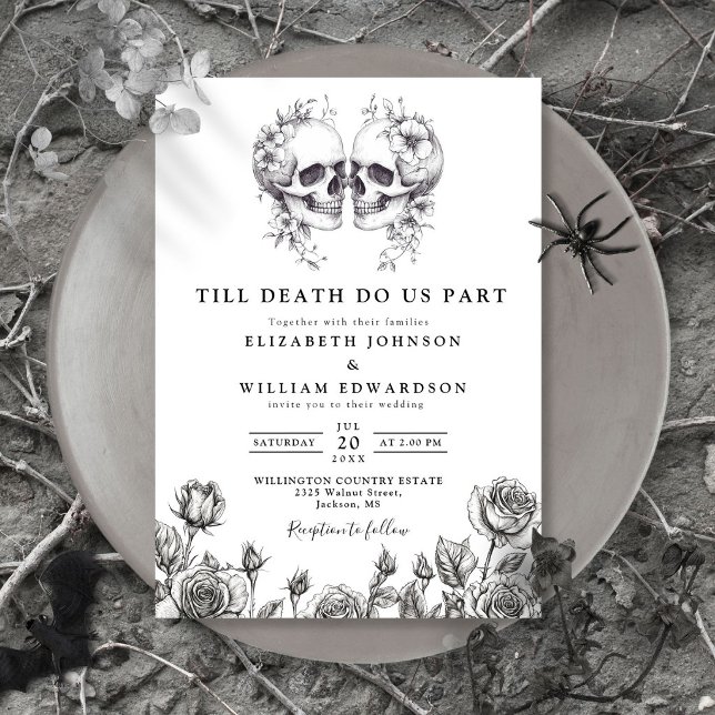 Convite de Casamento 'Até que a Morte' Flores Góti (Till Death Gothic Floral Skulls Wedding Invitation)