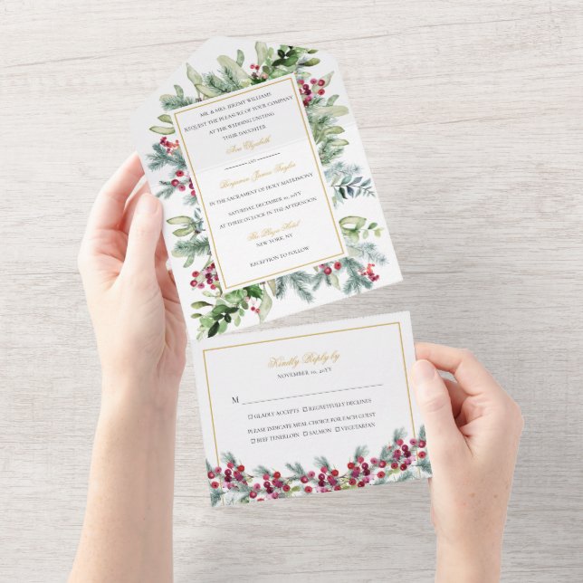 Convite de Casamento Ava Winter Berries com RSVP (Aba destacável)