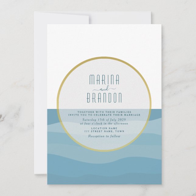 Convite de Casamento Azul à Beira-Mar com Aquarela (Frente)