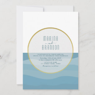 Convite de Casamento Azul à Beira-Mar com Aquarela