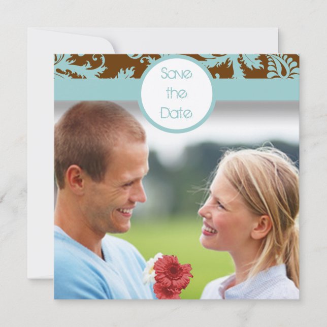 Convite de Casamento Azul Água Damask em Marrom (Frente)