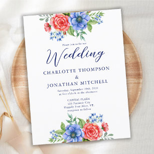 Convite de casamento Azul Azul Floral Patriótico