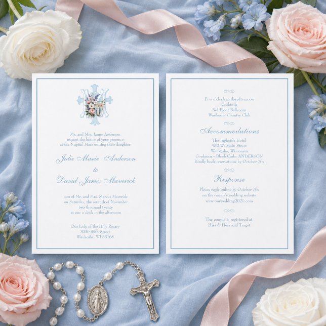 Convite de Casamento Azul Católico Mariano Elegant (Criador carregado)