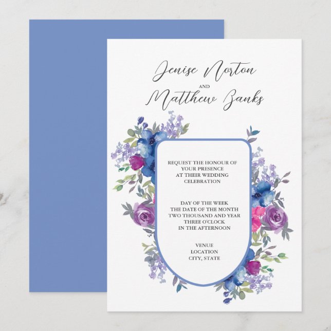 Convite de Casamento Azul Centáurea e Branco (Frente/Verso)