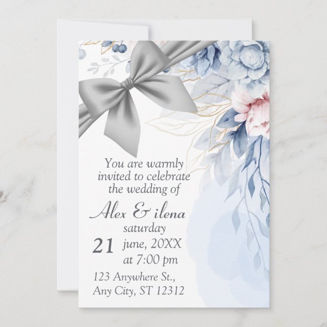 Convite de Casamento Azul Cinza Elegante (Frente)