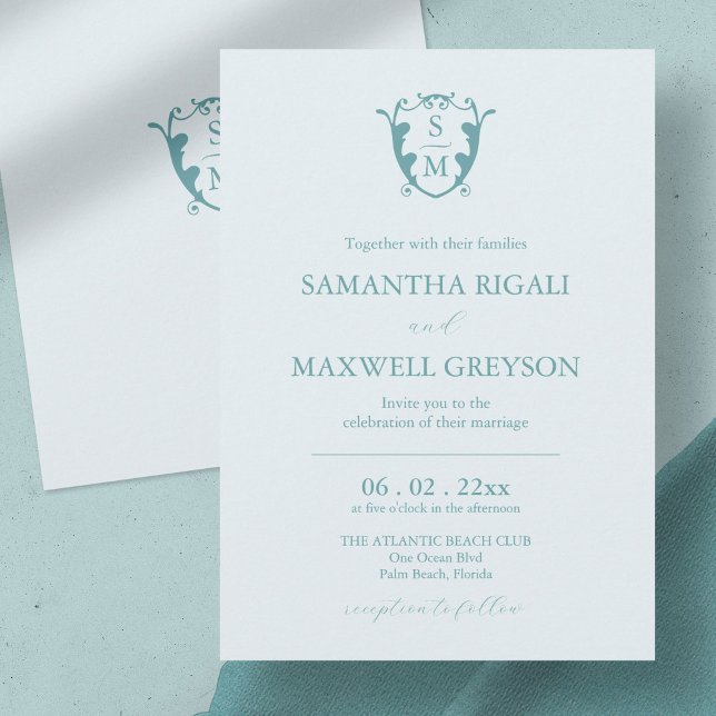 Convite de Casamento Azul Claro Personalizável com ( wedding invitation blue minimalistic custom monogram crest Victoria Grigaliunas)