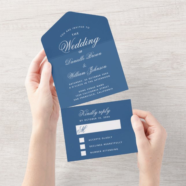 Convite de Casamento Azul Clássico com RSVP Desmon (Tearaway)