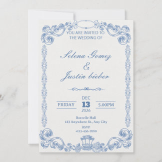 Convite de Casamento Azul Clássico Elegante Vintag