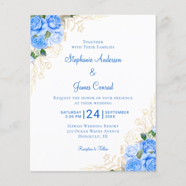 Convite de Casamento Azul com Aquarela Floral Econ (Frente)