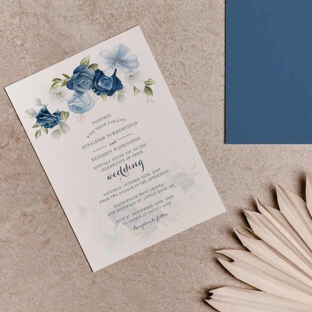 Convite de casamento Azul com Derrame Floral Botân (Criador carregado)