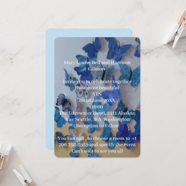 Convite de Casamento Azul com Foto de Borboletas (Frente/Verso In Situ)