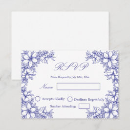 Convite de Casamento Azul com gráficos florais orn