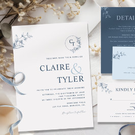 Convite de Casamento Azul com Monograma Moderno El