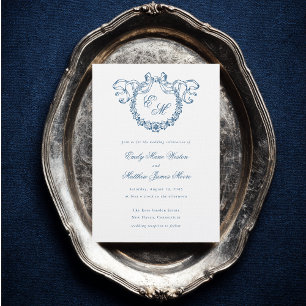 Convite de Casamento Azul Coroa Monograma Francês