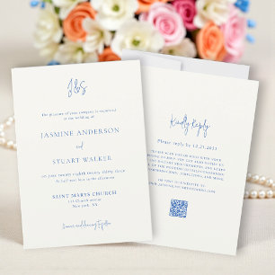 Convite de casamento azul creme moderno código QR