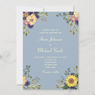 Convite De Casamento Azul De Dusty Russo Floral