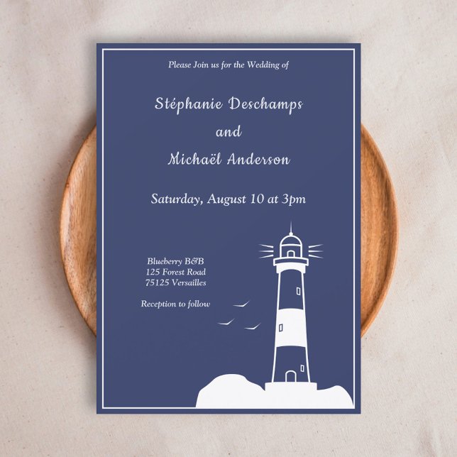 Convite de Casamento Azul de Marinho de Farol (Lighthouse Navy Blue Wedding Invitation)