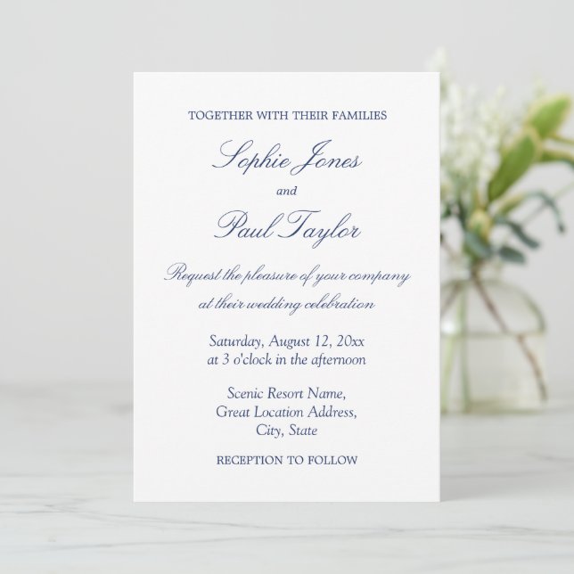 Convite de Casamento Azul de Marinho Minimalista E (Em pé/Frente)