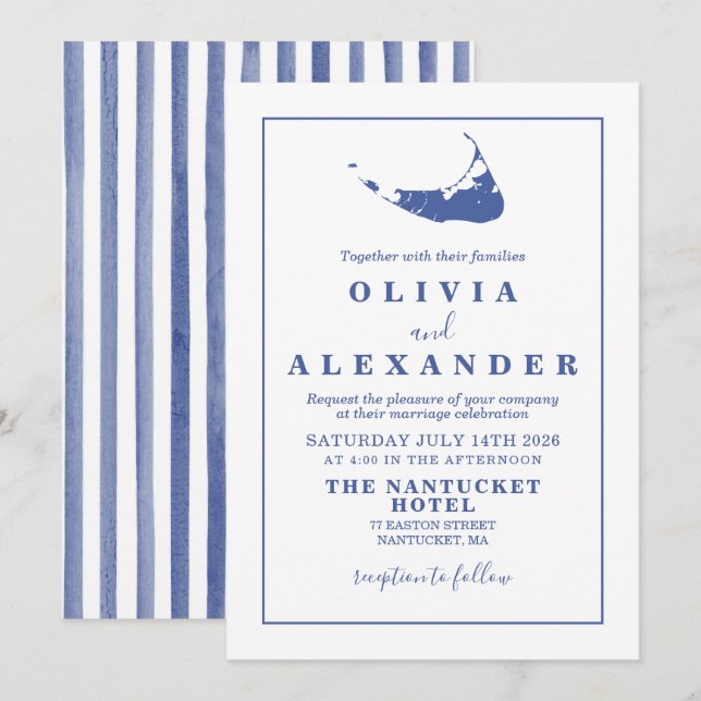 Convite de casamento azul de Nantucket (Frente/Verso)
