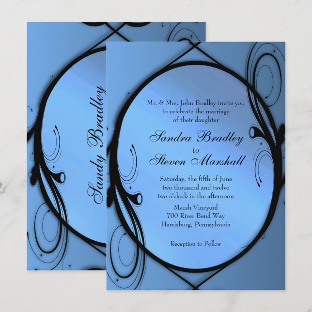 Convite de Casamento Azul de rico (Frente/Verso)