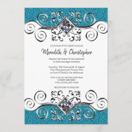 Convite De Casamento Azul De Teal Bling De Silver 