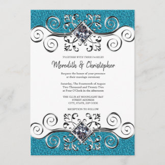 Convite De Casamento Azul De Teal Bling De Silver 