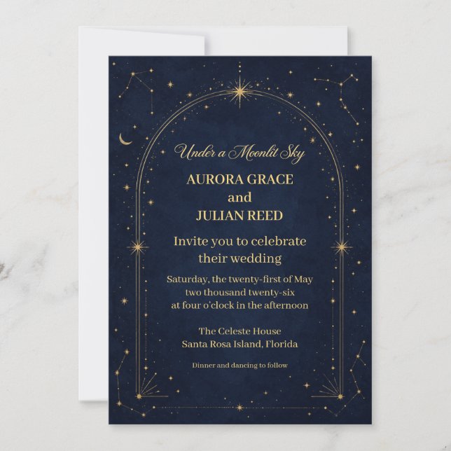 Convite de Casamento Azul Dourado Lua Marinha Cele (Frente)