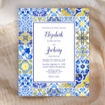 Convite de Casamento Azul e Amarelo de Azulejo Por<br><div class="desc">Este desenho rústico apresenta um padrão de fundo de azulejos azuis, amarelos e brancos. Personalize-o com os nomes da noiva e do noivo em caligrafia azul e o texto restante numa combinação de sans serif, copperplate e itálico num retângulo branco com bordas azuis. Um padrão de azulejos correspondente aparece no...</div>