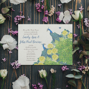 Convite de Casamento Azul e Amarelo Vintage Pavão
