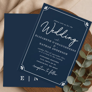 Convite de Casamento Azul e Branco com Letra Elega
