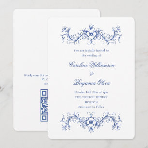 Convite de Casamento Azul e Branco Francês Floral
