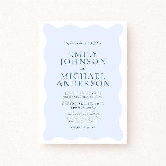 Convite de Casamento Azul e Branco Ondulado Modern (Criador carregado)