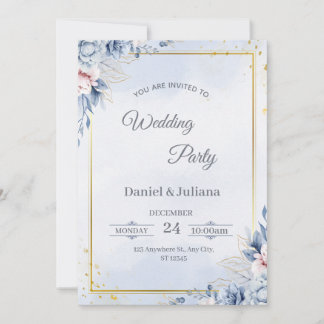 Convite de Casamento Azul e Dourado Elegante