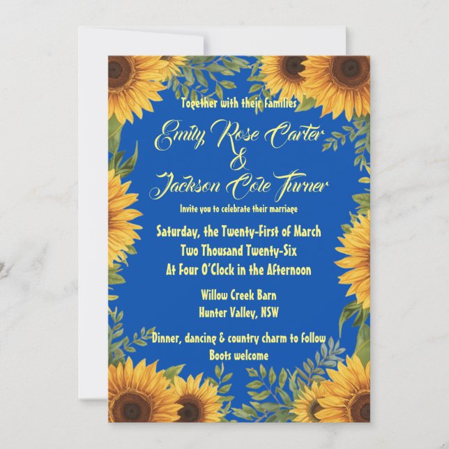 Convite de Casamento Azul e Girassol (Frente)